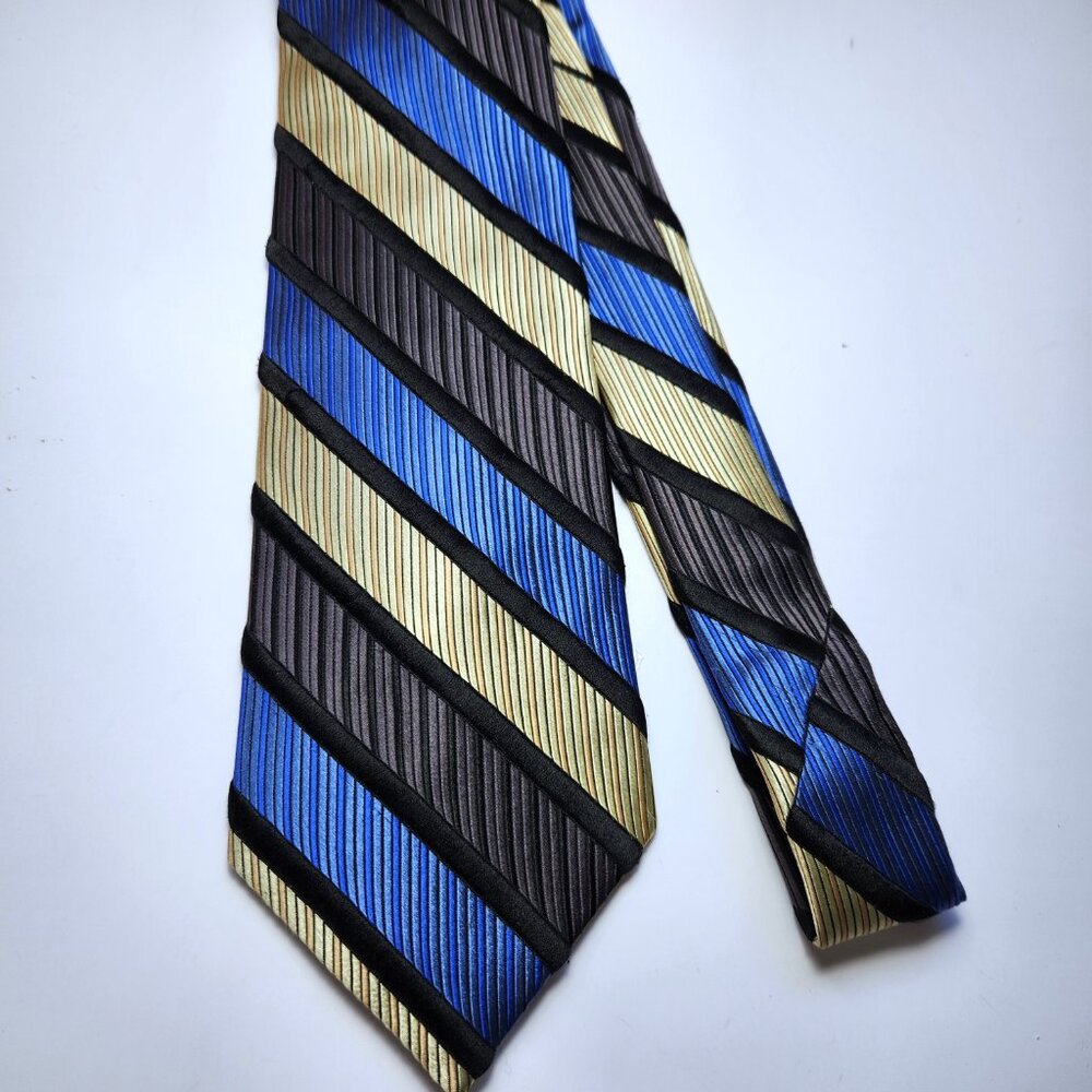 Hilary Radley Necktie Men's Blue Black Gold Striped Silk Made in Italy